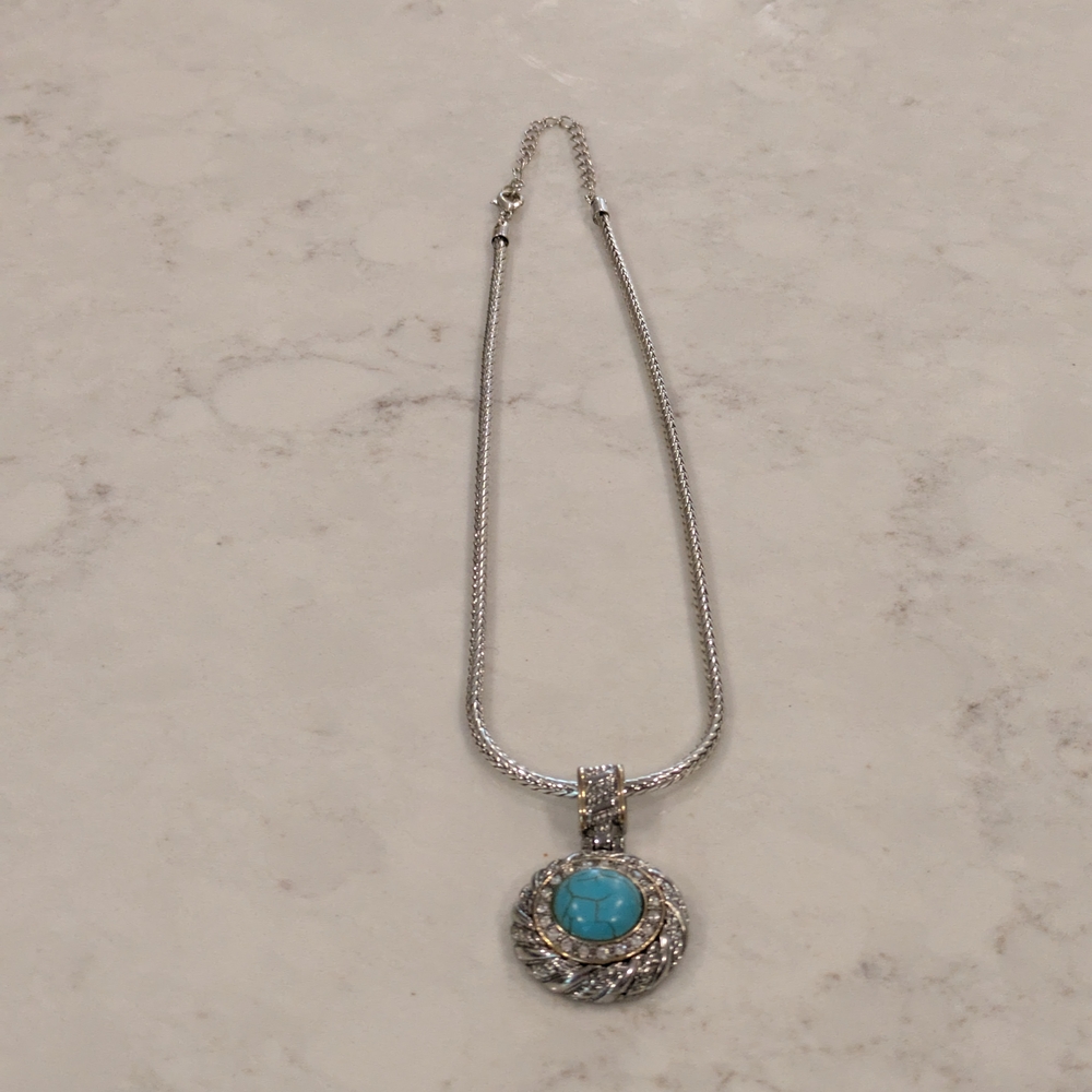 Silver Tone Turquoise and Clear Crystal Pendant Necklace